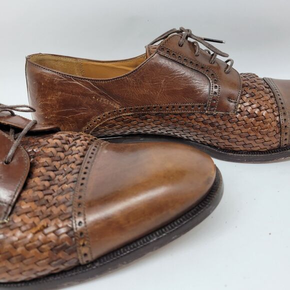 Peter Huber Mens Brown Leather Woven Cap Toe Derbys Size US 10 M Made In Spain - Picture 9 of 16